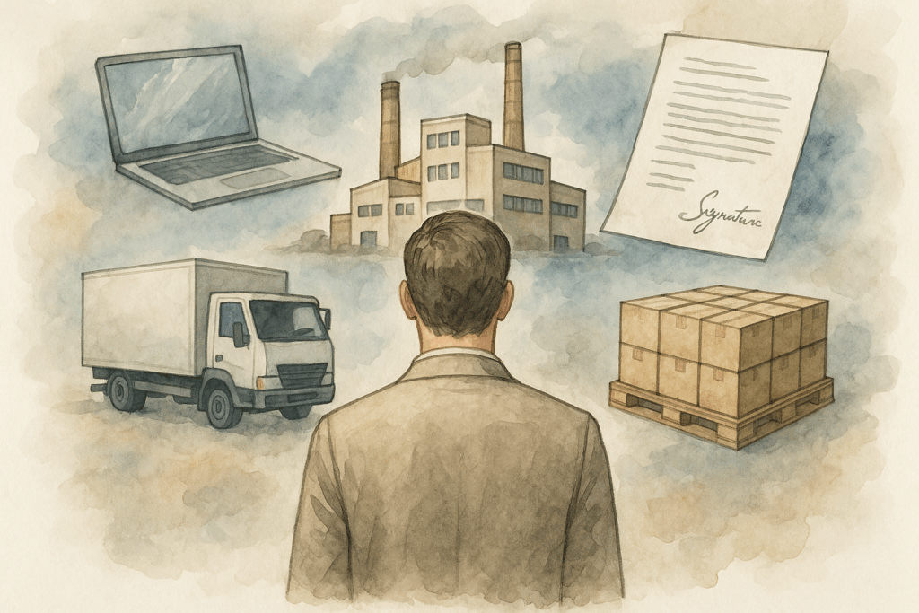 Professionnel se tenant devant une usine avec camions, ordinateurs, contrats et colis prêts à être livrés.